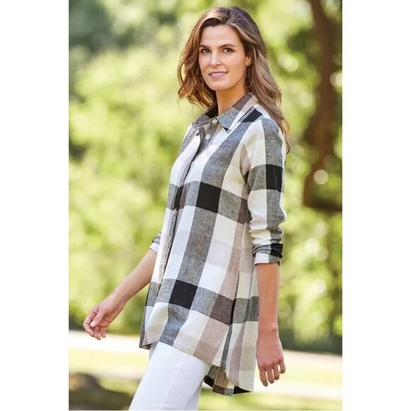 Soft Surroundings Plaid‎ Blouse Button Up Zip Back Carreaux Linen Blend #2BU60 M - Picture 1 of 12
